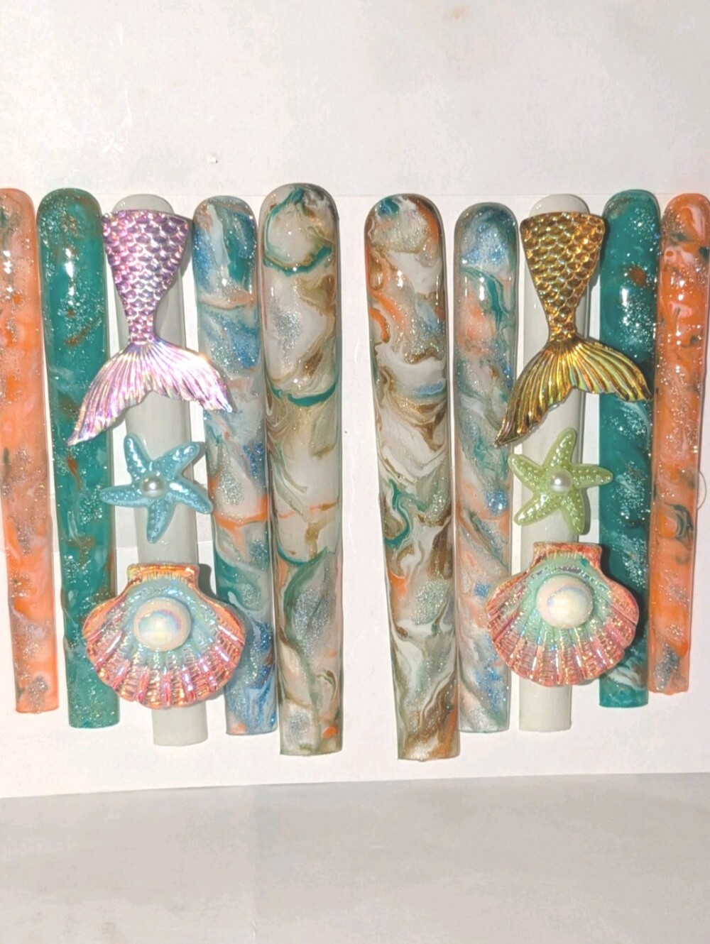 Hand Crafted 6Xl Mermaid Seashell Press-on Nail Art Set - Teal, Orange, White